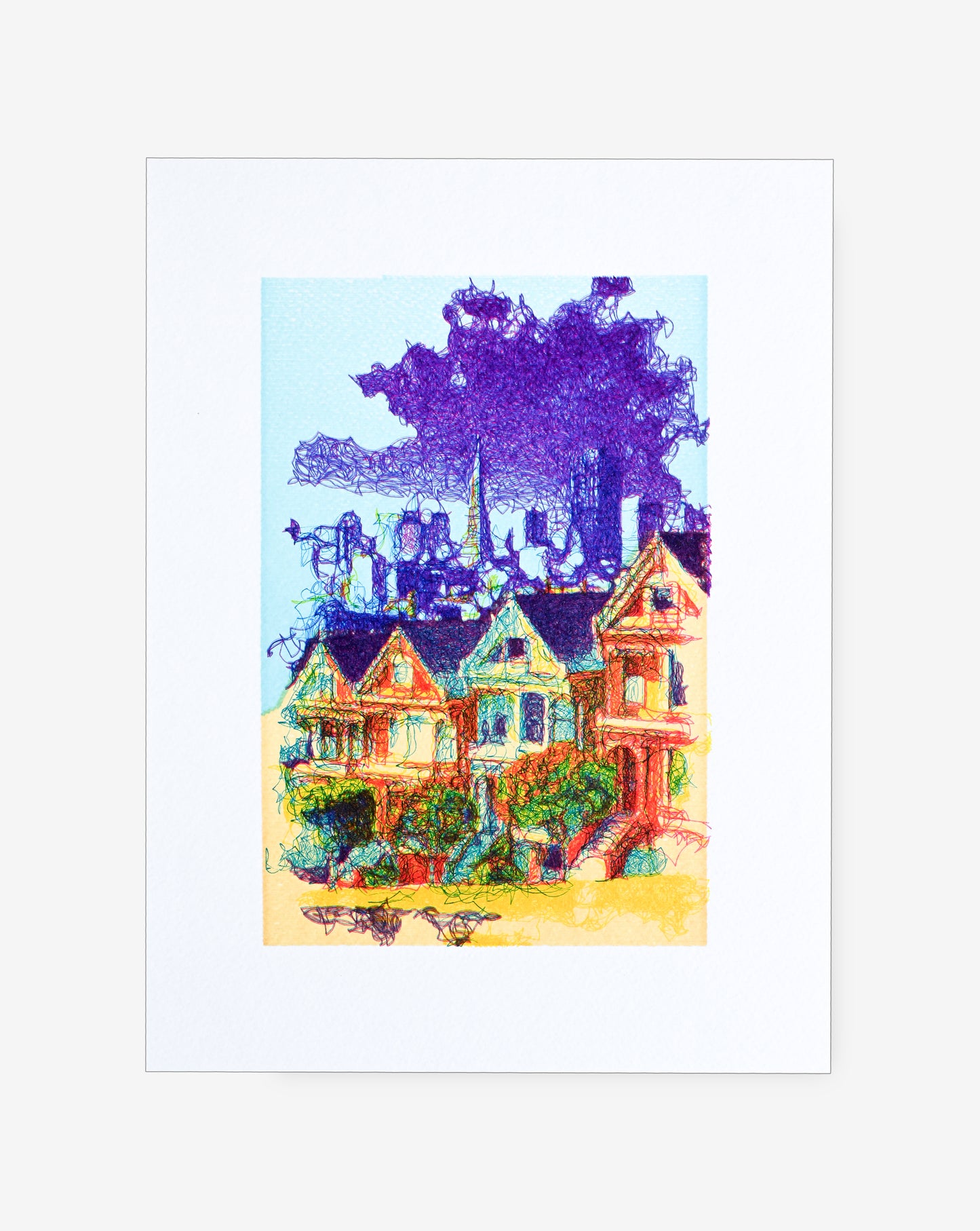 Line art plotter drawing of San Francisco Victorian homes – handmade generative print-pen plotter art, generative art prints, algorithmic art,