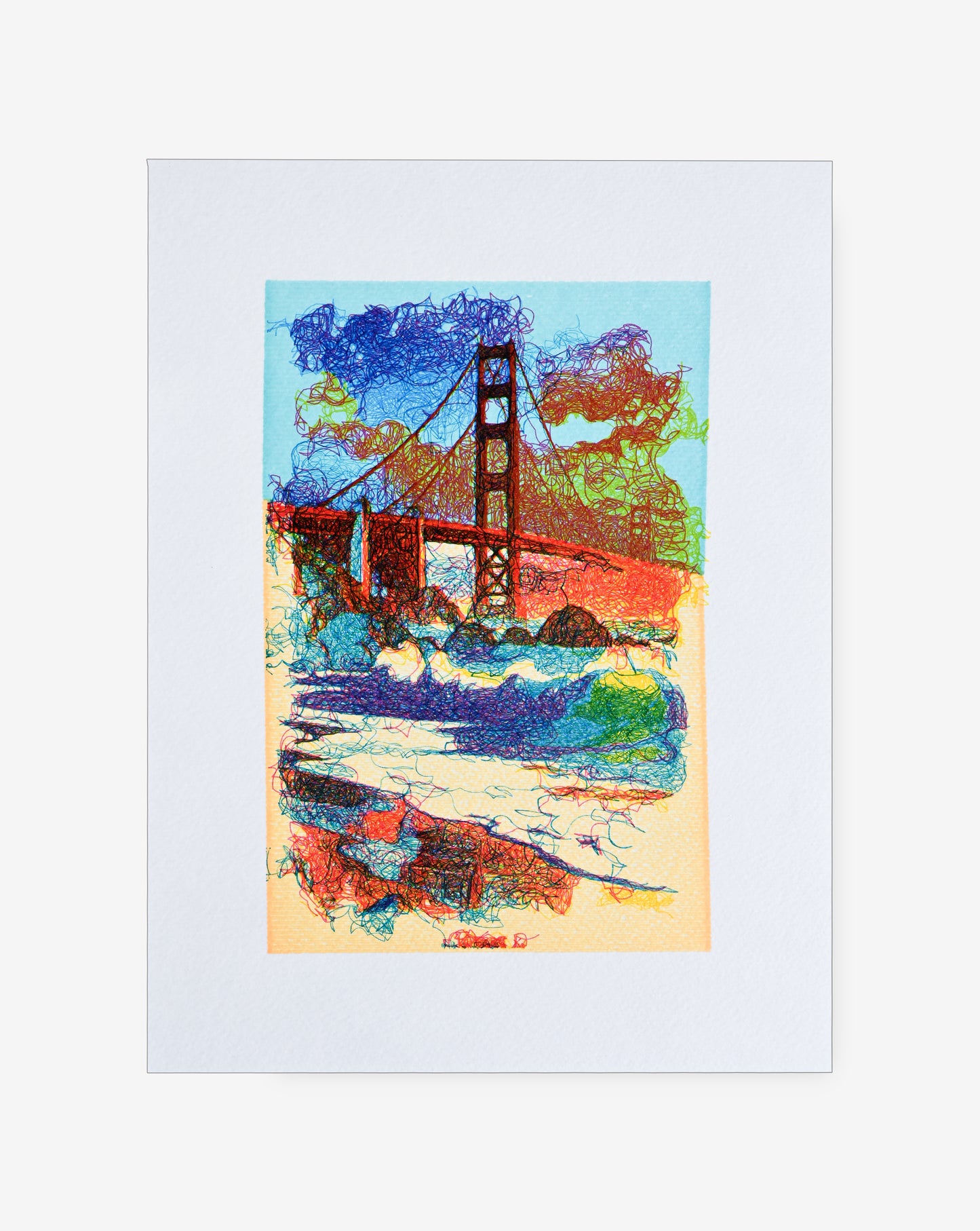 Algorithmic art of Golden Gate Bridge seen from trail – geometric pen plotter print.