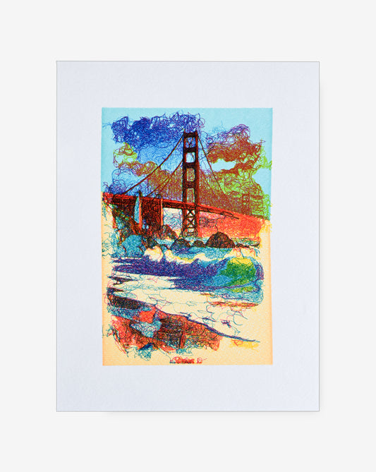 Algorithmic art of Golden Gate Bridge seen from trail – geometric pen plotter print.