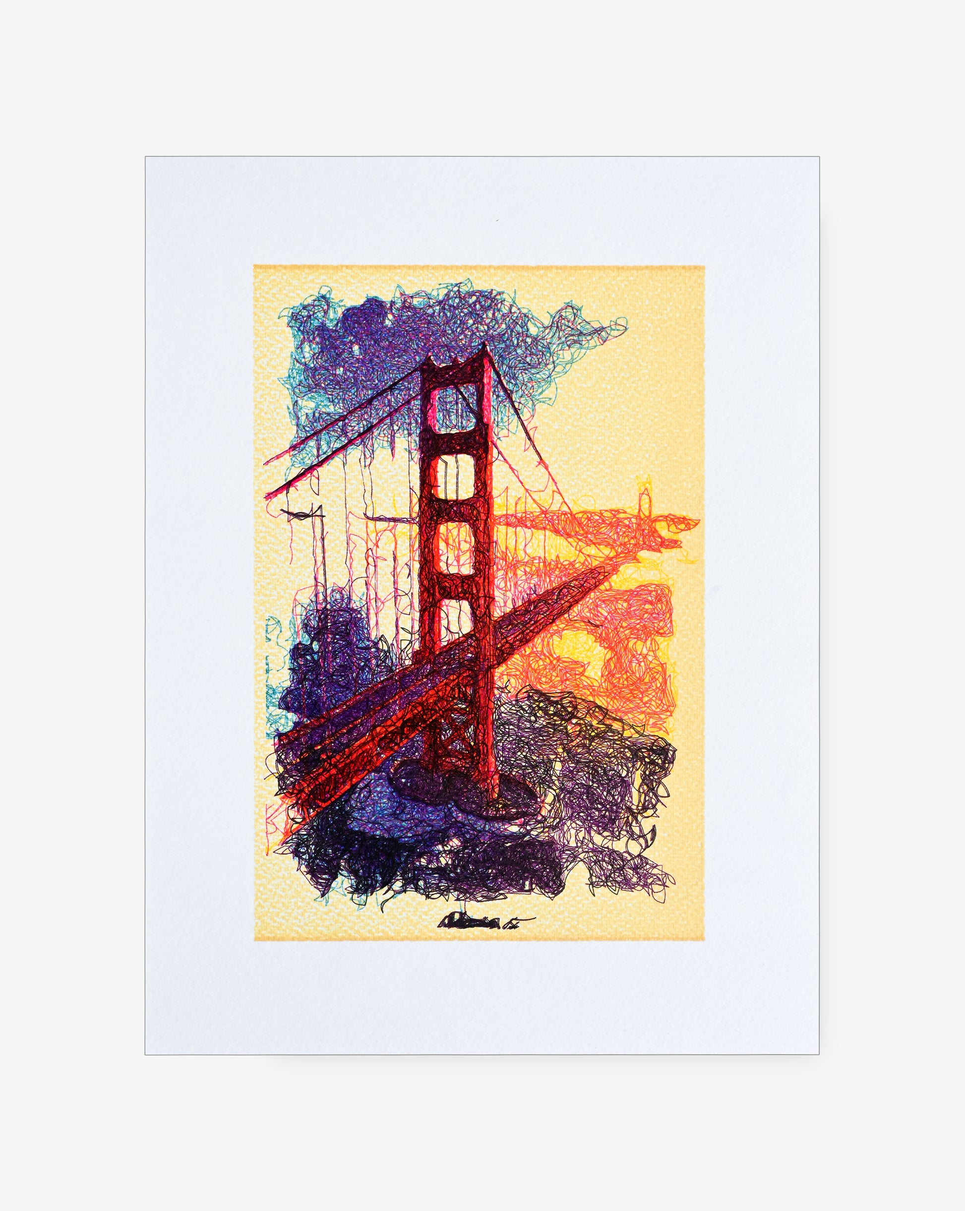 Aerial line art of Golden Gate Bridge created using pen plotter art, generative art prints, algorithmic art.