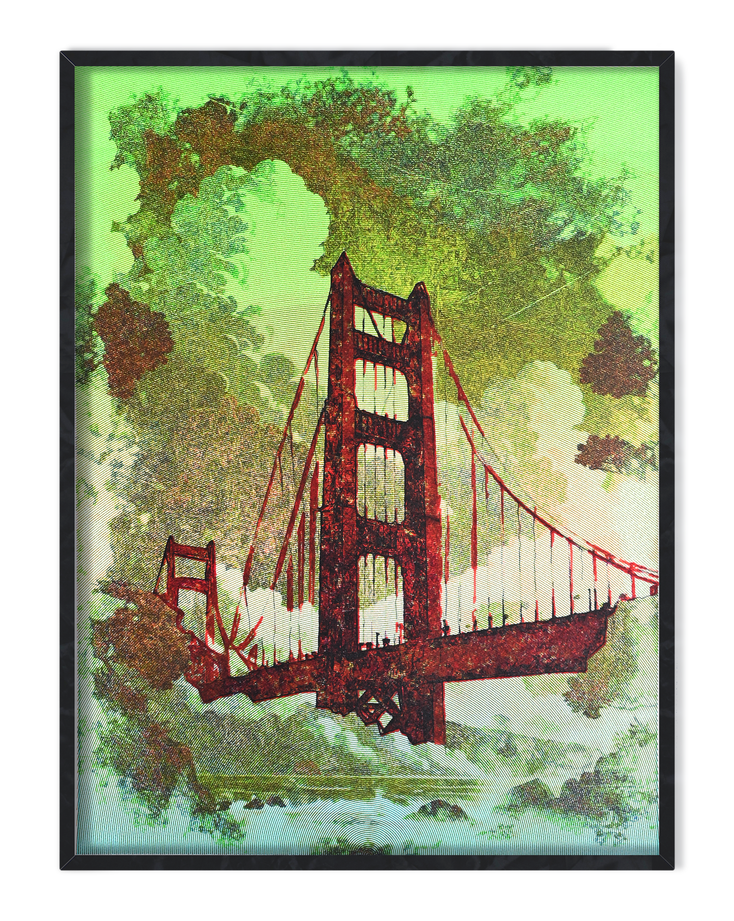 Pen plotter drawing of Golden Gate Bridge – minimalist generative artwork- Main- pen plotter art, generative art prints, algorithmic art
