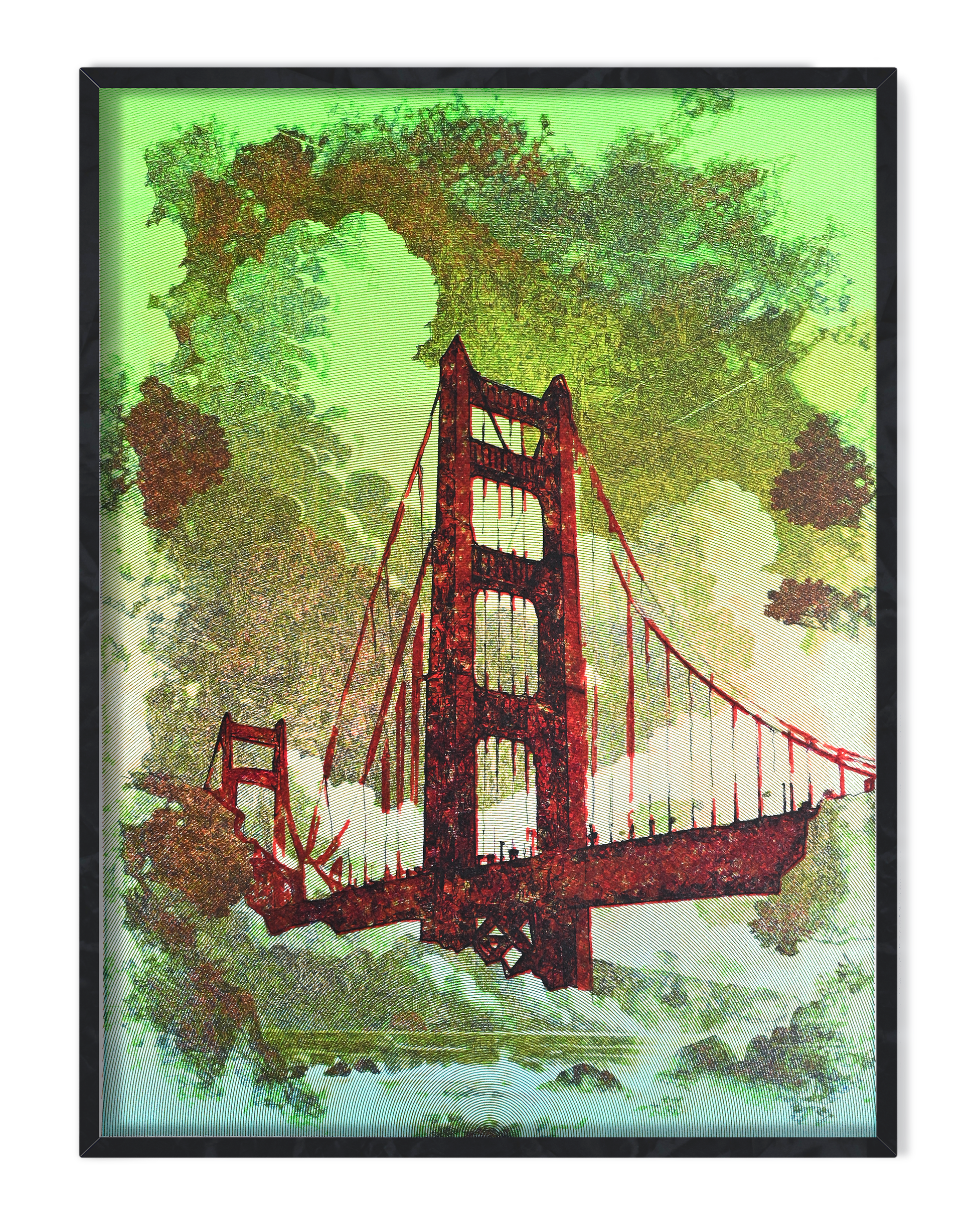 Pen plotter drawing of Golden Gate Bridge – minimalist generative artwork- Main- pen plotter art, generative art prints, algorithmic art
