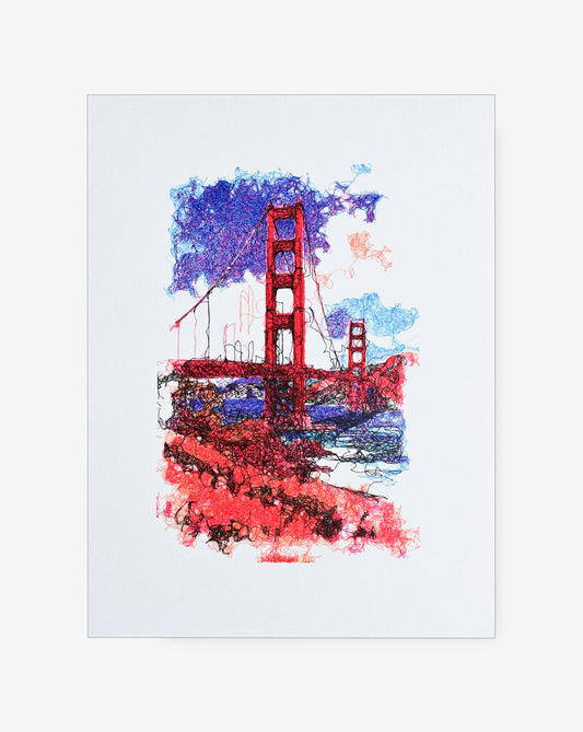Pen plotter drawing of the Golden Gate vista – geometric generative line art.
