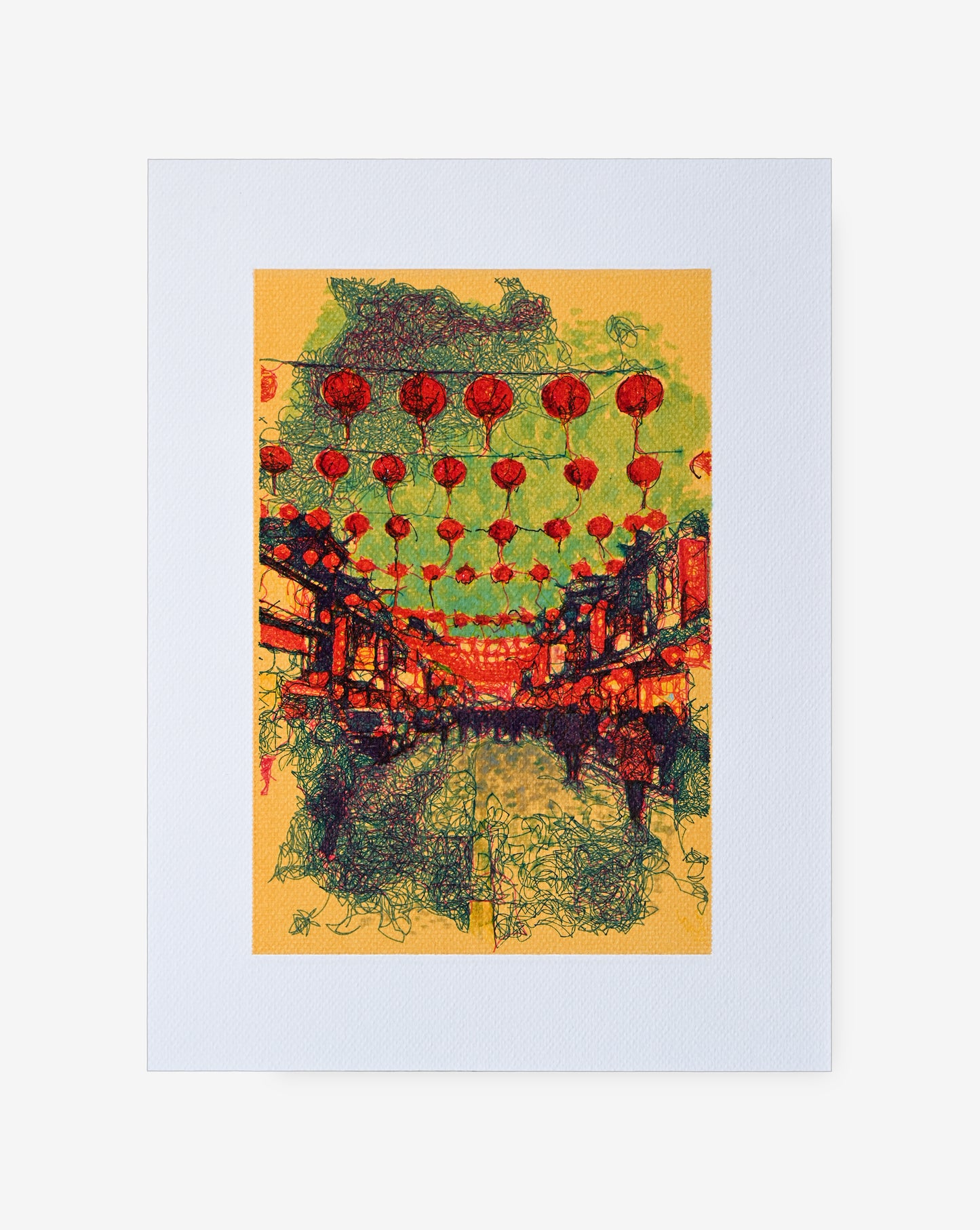 Line art of lanterns hanging in urban street – handmade plotter artwork- generative art prints and algorithmic art.