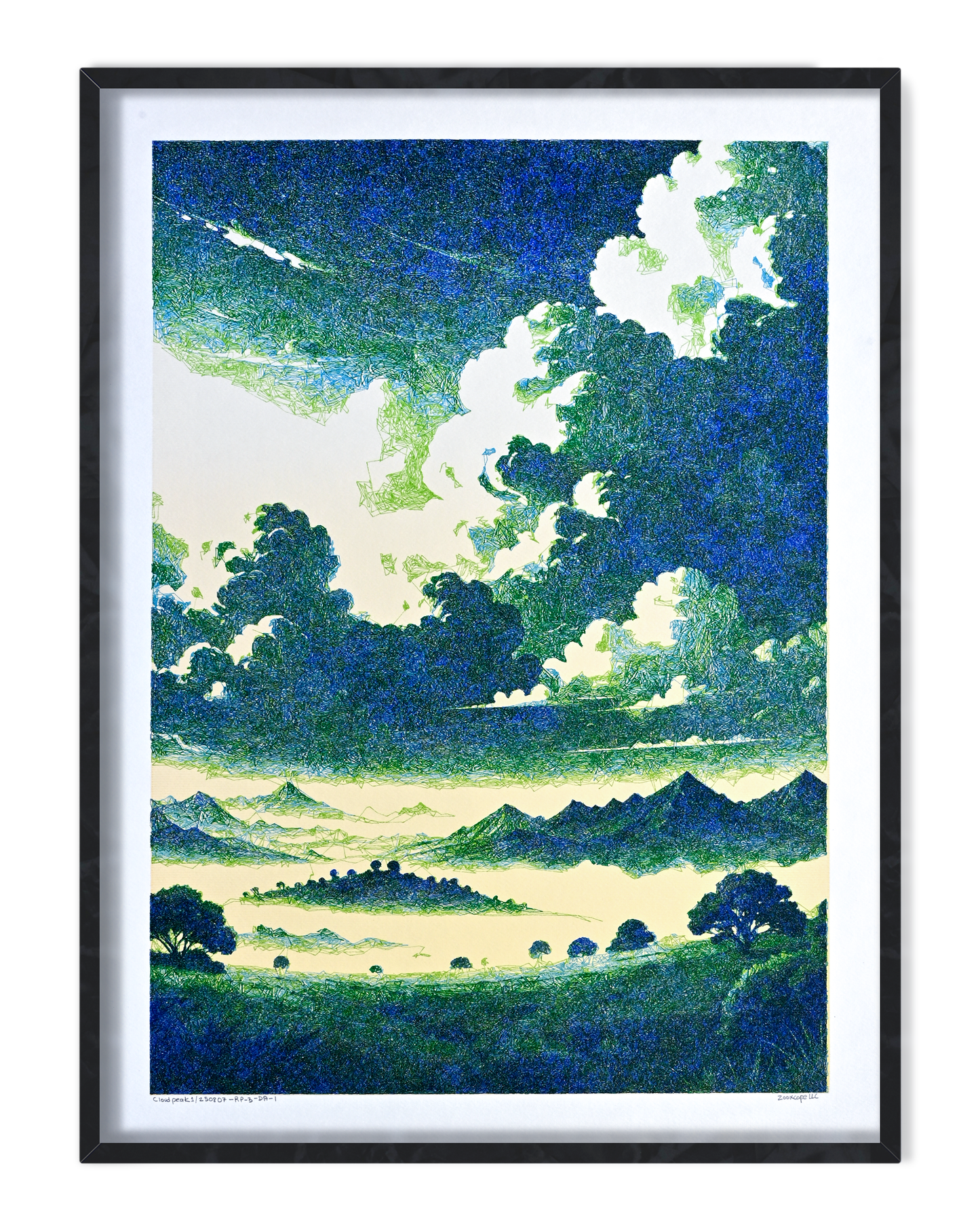 Minimalist plotter art print inspired by mountain and pen plotter art, generative art prints, algorithmic art